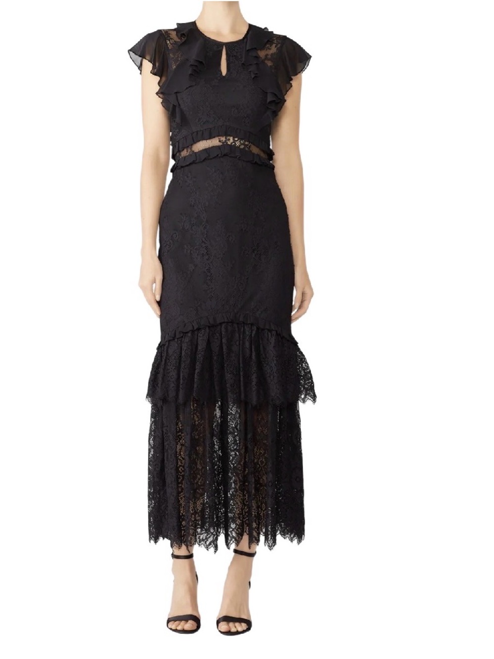 Three Floor Black Lace Ruffle Illusion Midi Dress with High Neck Size 6